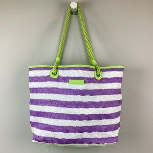 Vera Bradley Purple and White Striped Tote with Lime Trim
